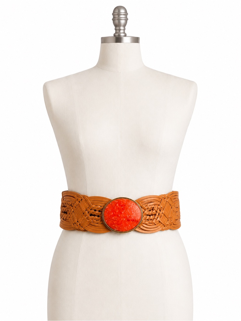 Boston Proper Genuine Leather Braided Stretch Belt Coral Statement Buckle L
